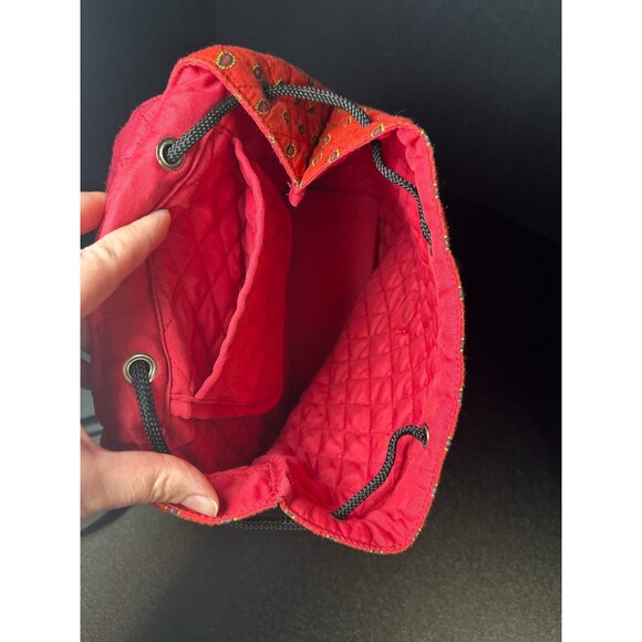 Vintage Red Quilted Cotton Backpack Purse Folk Floral Drawstring Tote Bag 13" - Picture 7 of 9